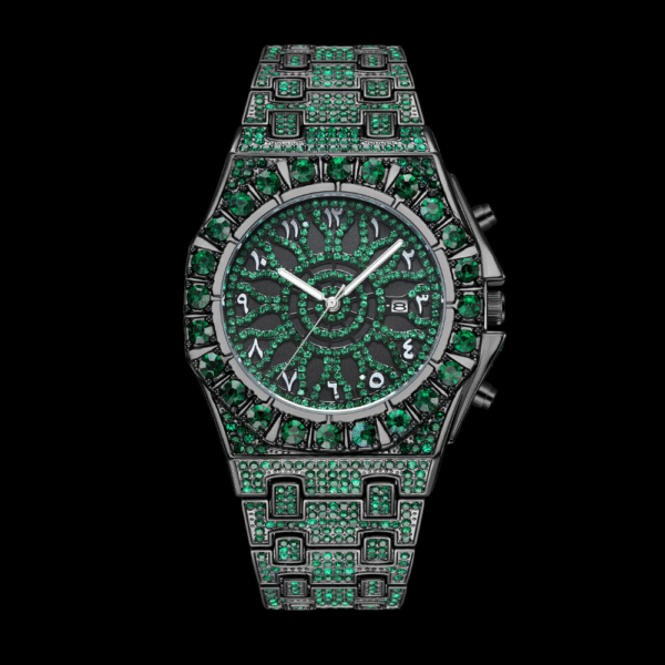 Marvette Black-Tone Wristwatch with Green Stones and Arabic Numerals