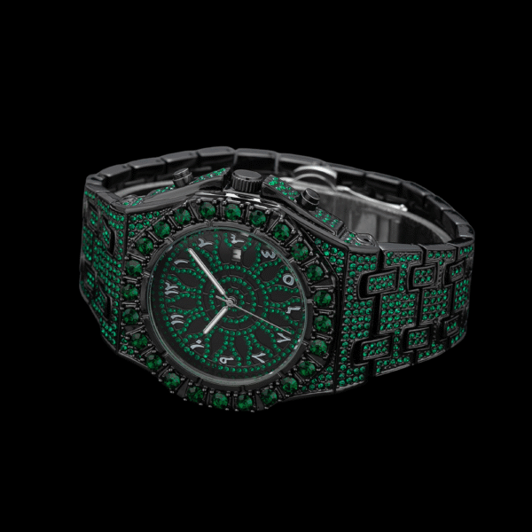 Marvette Black-Tone Wristwatch with Green Stones and Arabic Numerals - Image 3