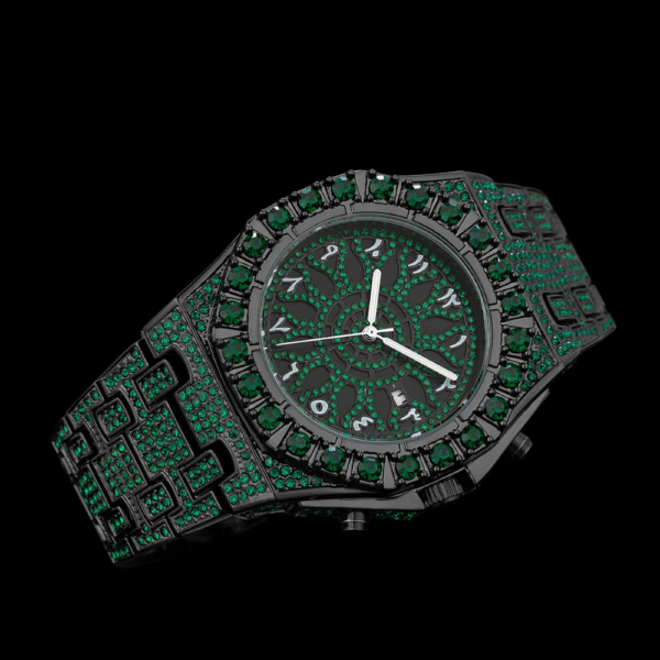 Marvette Black-Tone Wristwatch with Green Stones and Arabic Numerals - Image 2