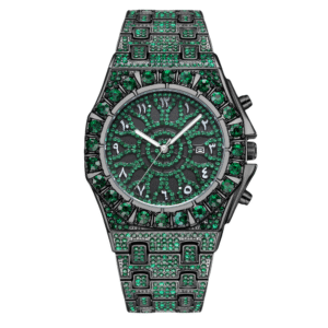 Marvette Black-Tone Wristwatch with Green Stones and Arabic Numerals